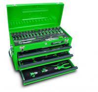Instrumentu kaste ar aprīkojumu Instrumentu kaste ar aprīkojumu, instrumentu skaits: 82 gab., metāls, atvilktņu skaits: 3 gab., zaļa
