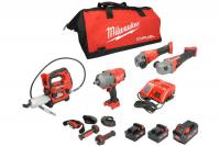 Elektroinstrumentu komplekts Power tools kit 5 pcs (SET:12 pcs), battery-powered: Air impact wrench; Angle grinder; Lubricator/greaser; Workshop lamp, battery included:, charger included:, number of batteries: 4 pcs